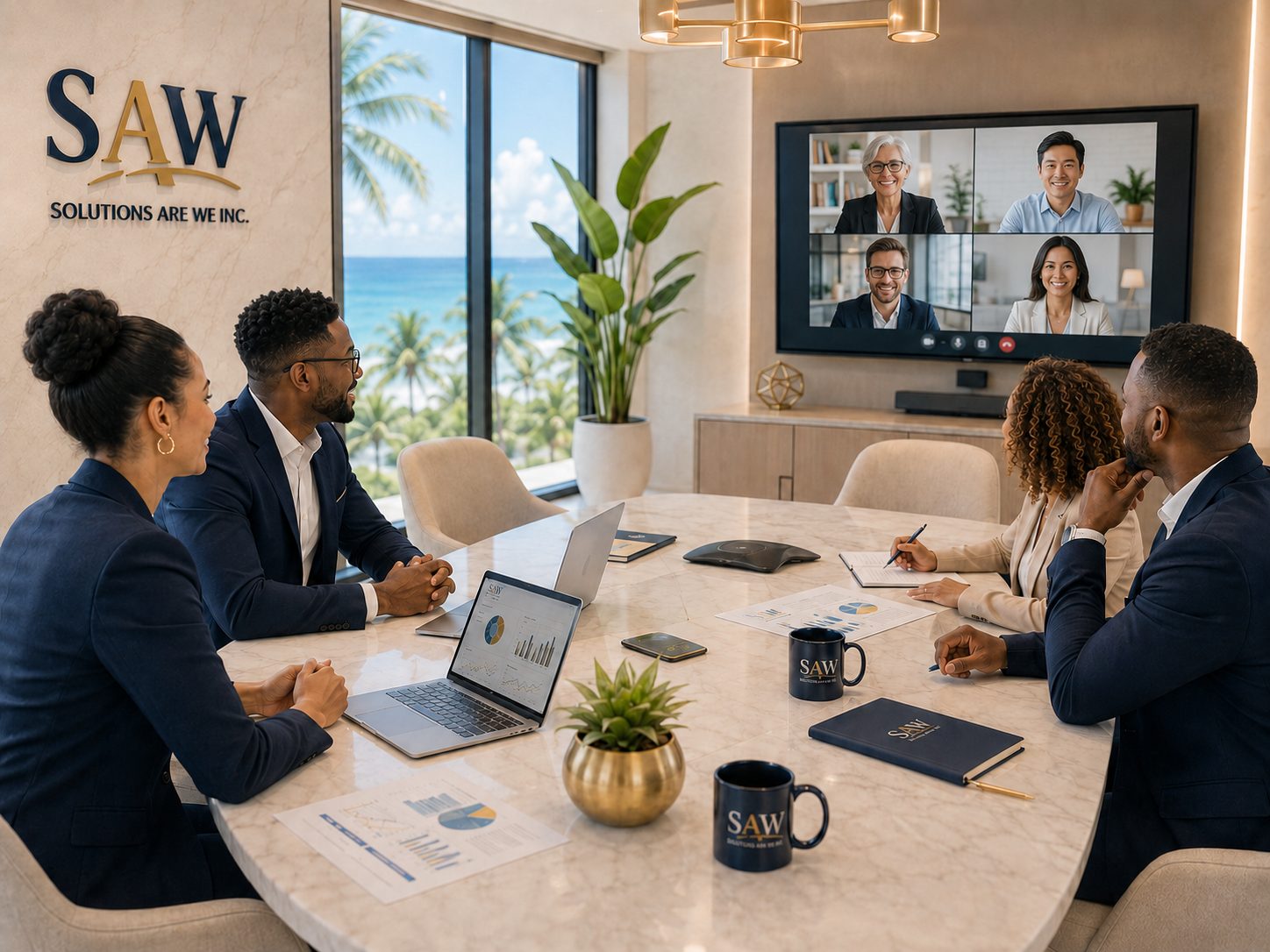 Colleagues in a meeting room taking a video call with remote colleagues shown on a wall screen.