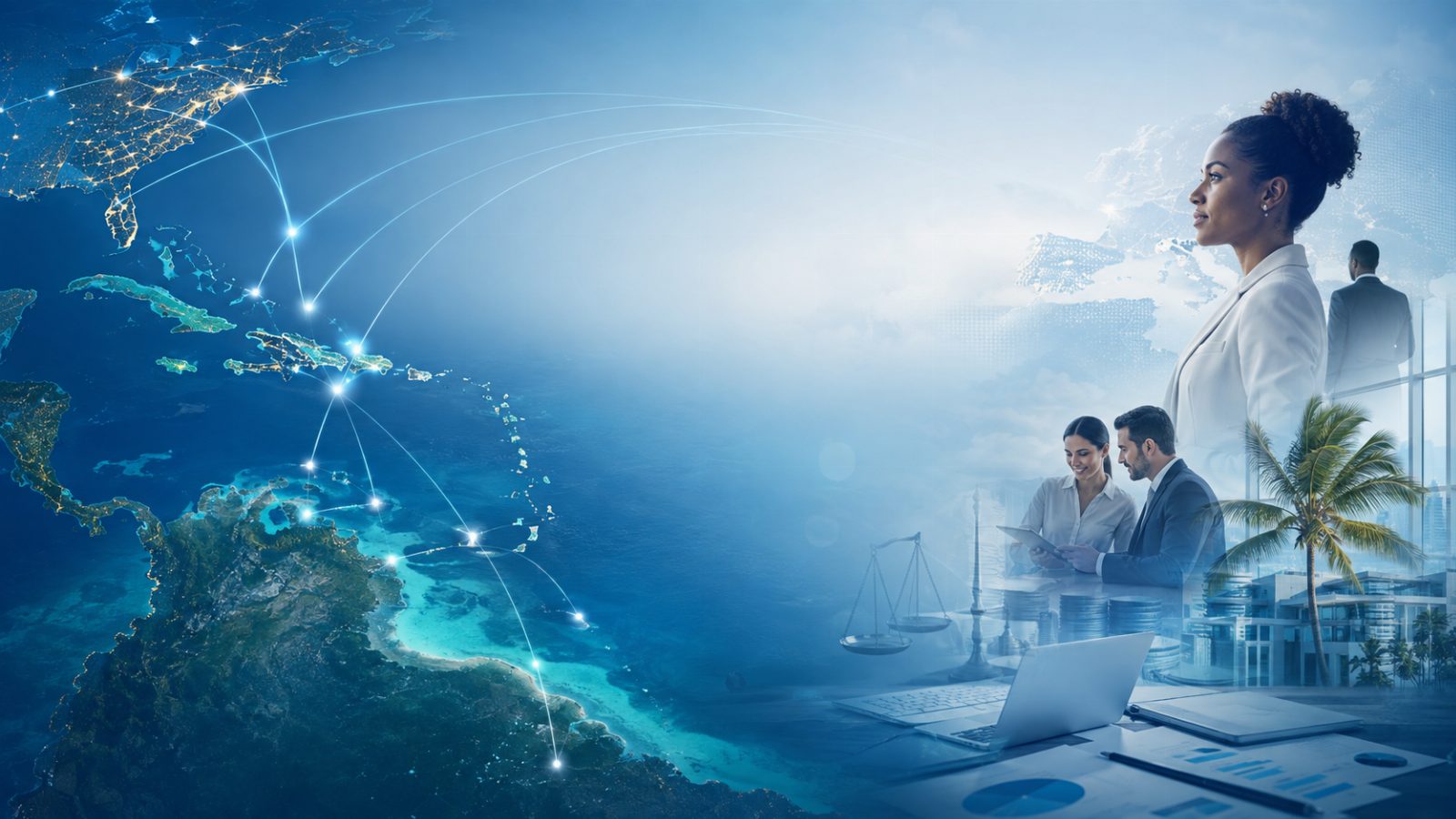 The Caribbean and the Americas seen from above at night, linked by routes to North America and Europe, with business colleagues reviewing documents.